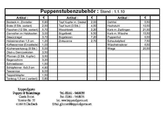 Preisliste
Puppenstubenzubehör