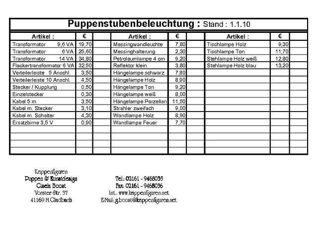 Preisliste
Puppenstubenbeleuchtung