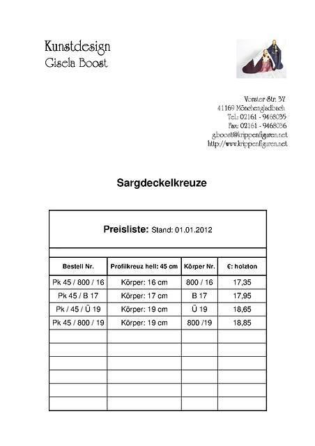 Preisliste  
Sargdeckelkreuze