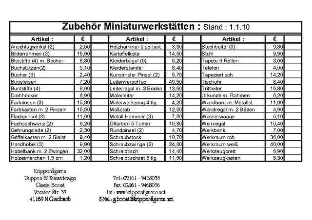 Preisliste
Zubehör Miniaturwerkstätten